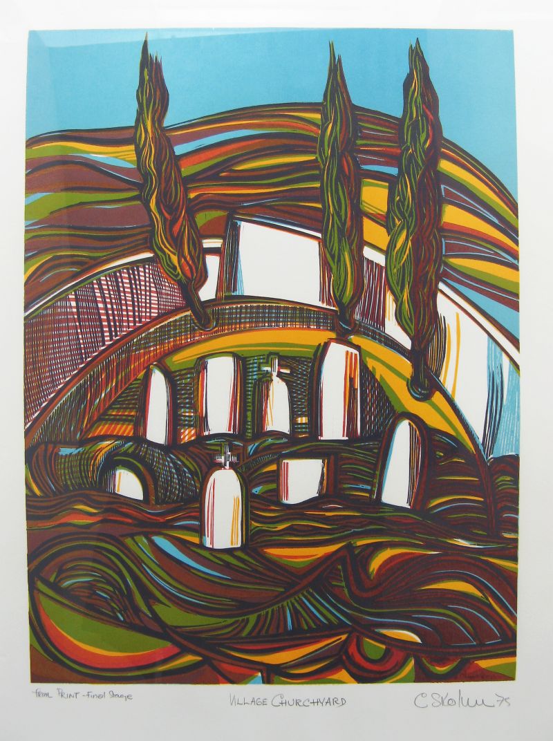 Click the image for a view of: Cecil Skotnes . Village Churchyard. 1975. Woodcut. Trial Print - Final Stage. 640X483mm